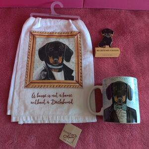 Primitives by Kathy Dachshund Set Mug, Dish towel, decorative Wooden sigs
